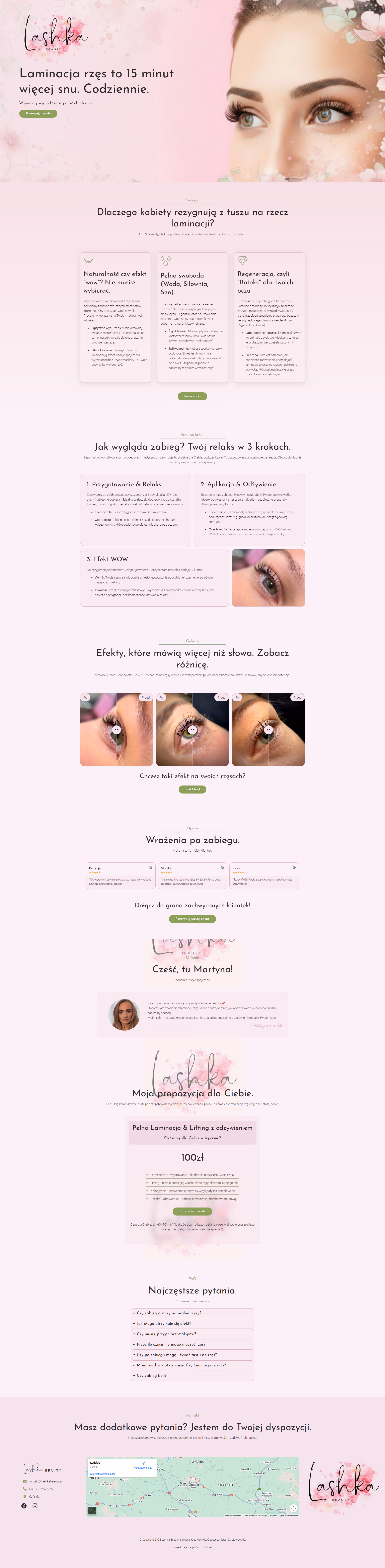Widok strony Lashka Beauty z ofertą laminacji brwi